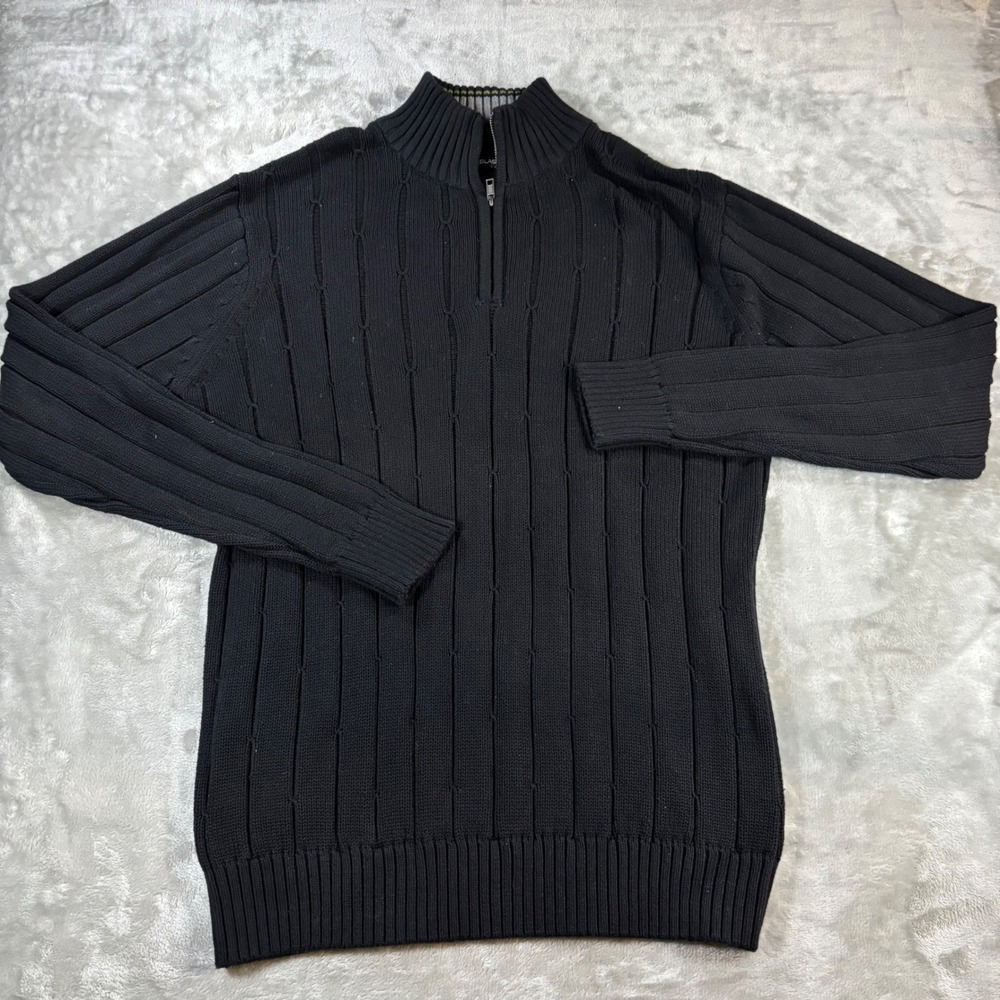 Bill Blass Mens Black 100% Cotton Quarter Zip Ribbed Pullover Sweater Large